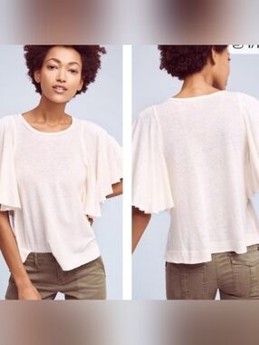 Anthropologie T.La Women's Cream Flutter Sleeve Short-Sleeve Top